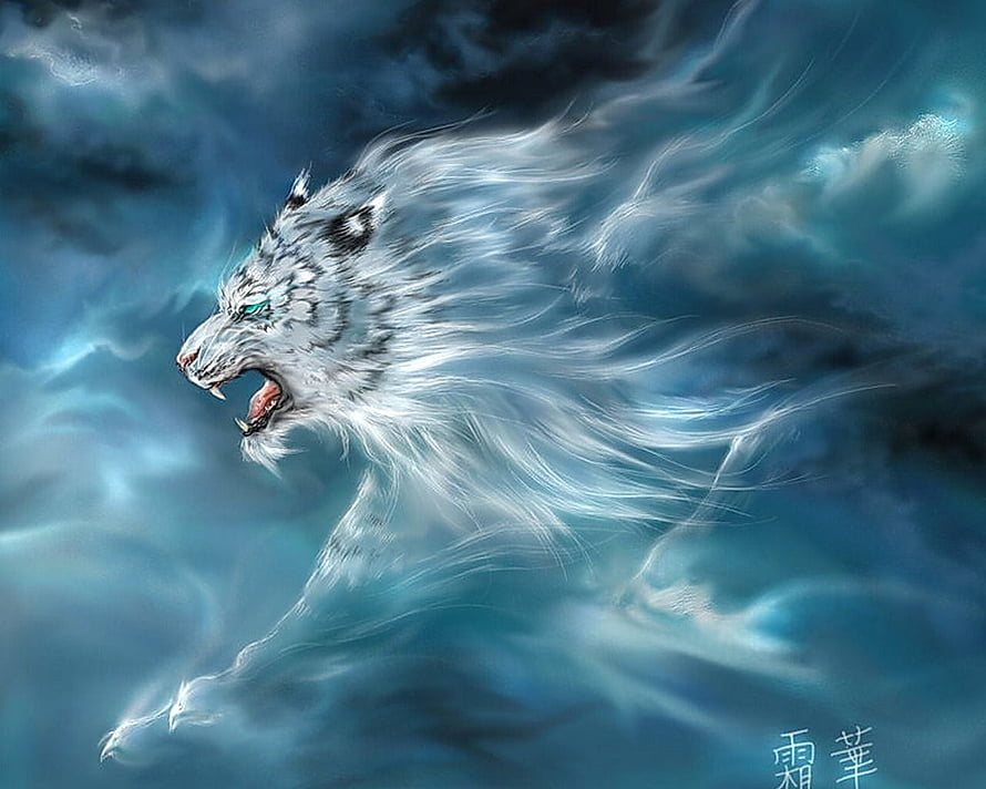 Siliwangi White Tiger Spirit Roaring Through Ethereal Blue Mist HD wallpaper