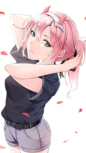 Zero Two from Darling in the FranXX in Casual Outfit with Pink Hair and Devil Horns HD phone wallpaper
