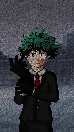 Izuku Midoriya in a dark suit with a red tie and black gloves against a textured grey background HD phone wallpaper