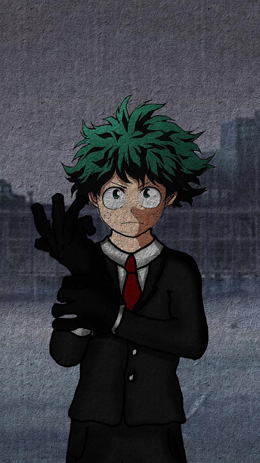 Izuku Midoriya in a dark suit with a red tie and black gloves against a textured grey background HD phone wallpaper