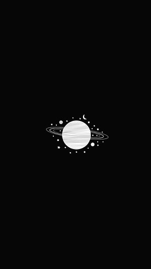 Minimalist White Ringed Planet With Stars And Moon On Black Background HD phone wallpaper