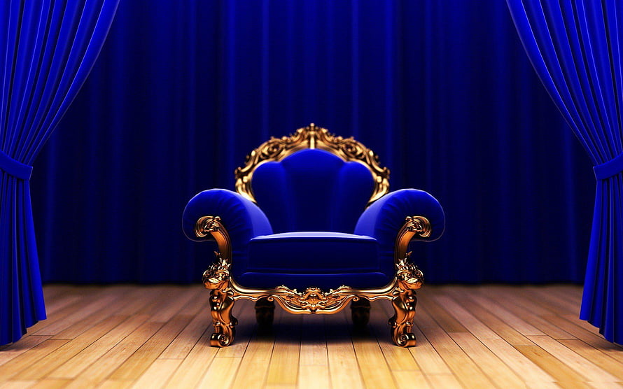 Royal Blue Velvet Armchair with Gold Ornate Frame on a Stage with Blue Curtains HD wallpaper