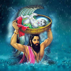 Lord Krishna Crossing Yamuna River with Nanda Baba and Protective Serpent Hood HD phone wallpaper