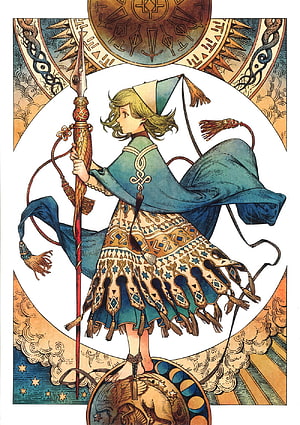 Tongari Boushi no Atelier Witch Character Illustration with Ornate Staff and Patterned Robe HD phone wallpaper