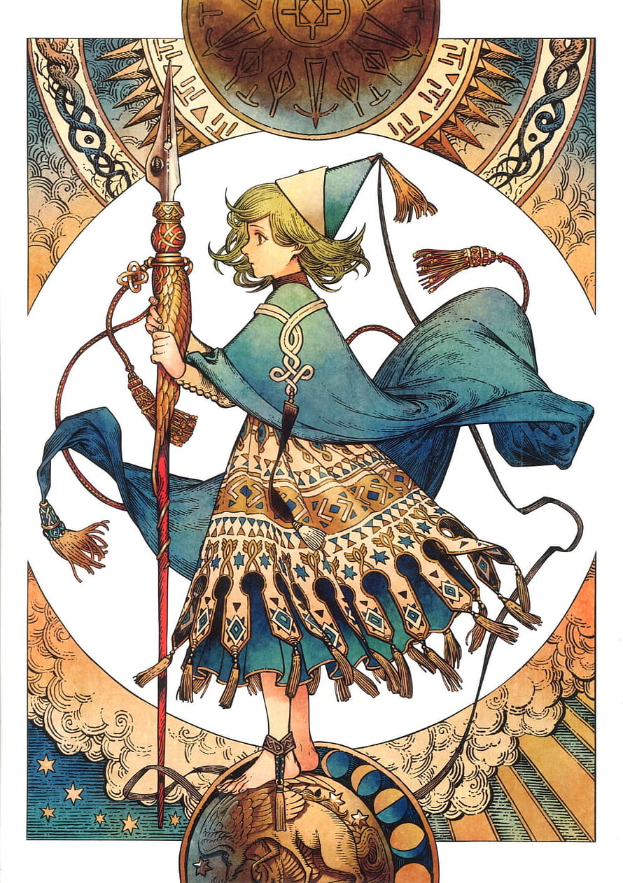 Tongari Boushi no Atelier Witch Character Illustration with Ornate Staff and Patterned Robe HD phone wallpaper