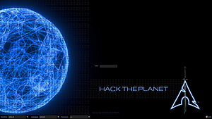 BlackArch Linux Desktop Interface with Hack the Planet Slogan and Blue Wireframe Globe HD wallpaper