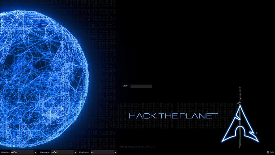BlackArch Linux Desktop Interface with Hack the Planet Slogan and Blue Wireframe Globe HD wallpaper