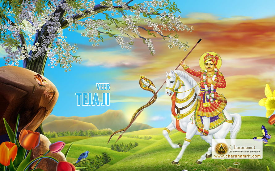 Veer Tejaji on White Horse with Cobra Spear in Vibrant Landscape HD wallpaper