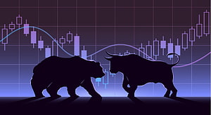 Bull and Bear Silhouettes Facing Off Against Financial Candlestick Chart Background HD wallpaper