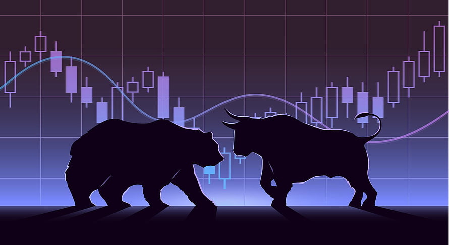 Bull and Bear Silhouettes Facing Off Against Financial Candlestick Chart Background HD wallpaper