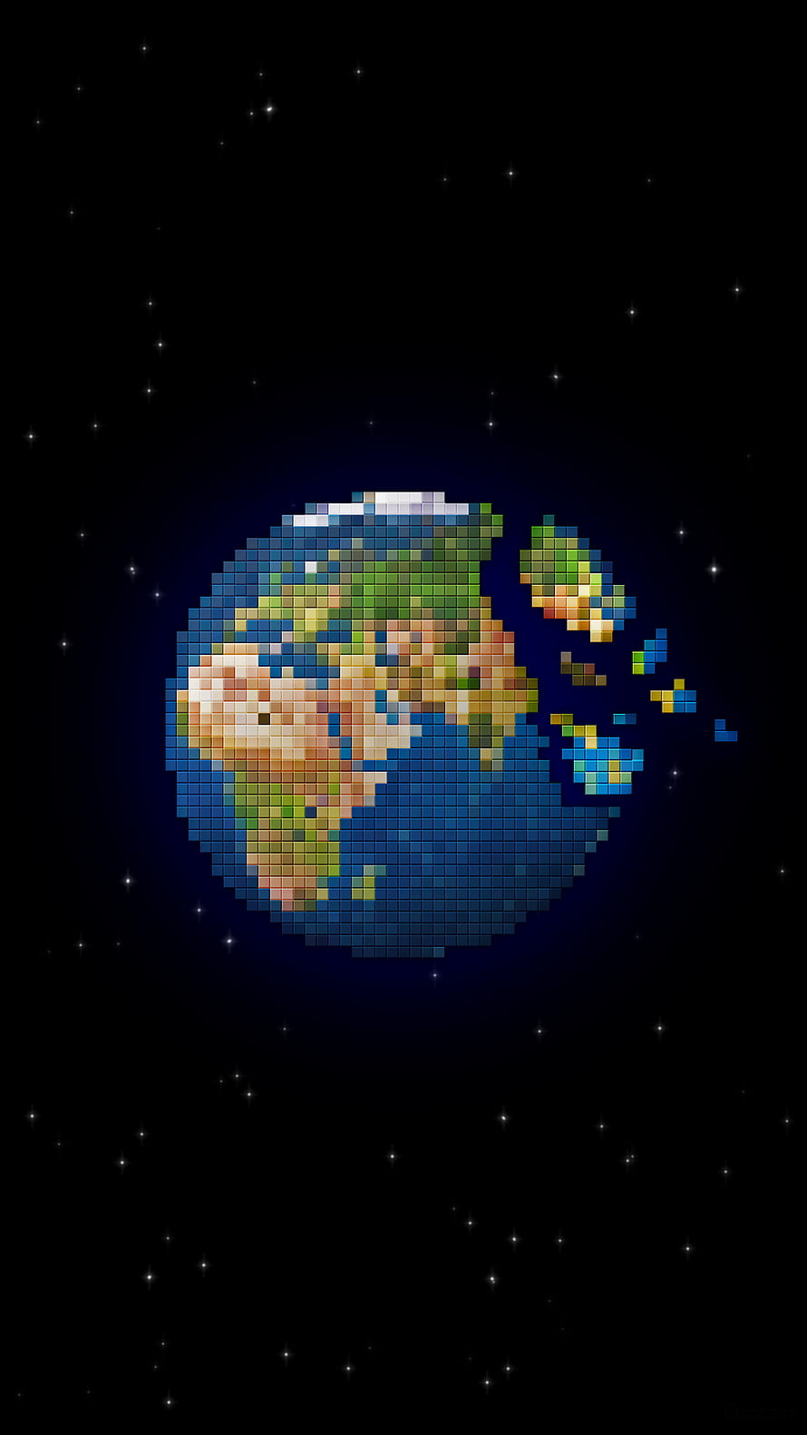 Pixel Art Earth in Space with Scattered Continents and Starry Background HD phone wallpaper