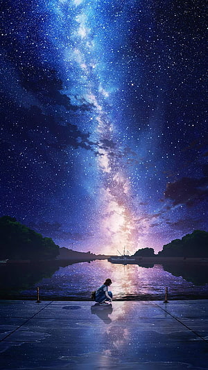 Anime Girl Crouching by River Under Milky Way Galaxy Night Sky HD phone wallpaper
