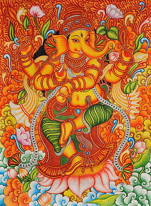 Vibrant Kerala Mural Painting of Lord Ganesha Seated on a Lotus HD phone wallpaper