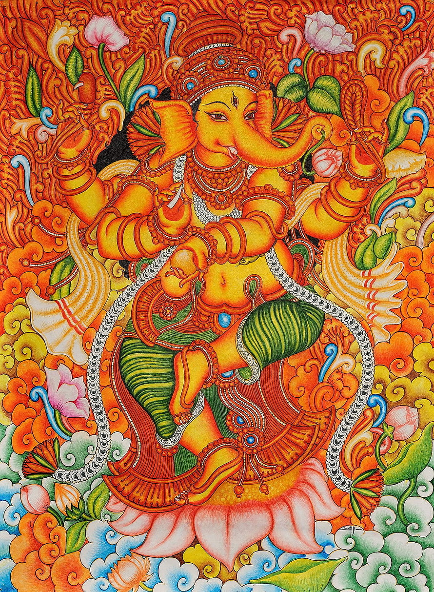 Vibrant Kerala Mural Painting of Lord Ganesha Seated on a Lotus HD phone wallpaper
