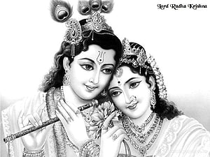 Radha Krishna Black and White Portrait with Flute and Lotus HD wallpaper