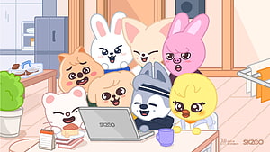 SKZOO cartoon characters gathered around a laptop in a cozy room HD wallpaper
