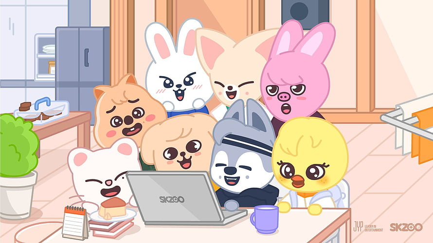 SKZOO cartoon characters gathered around a laptop in a cozy room HD wallpaper