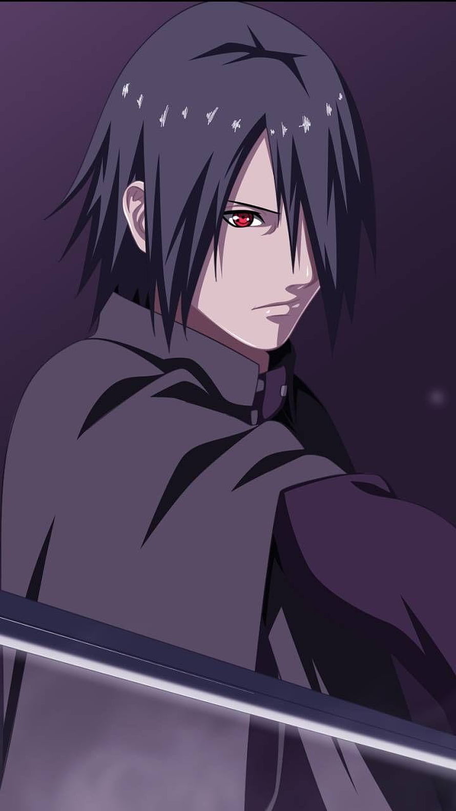 Sasuke Uchiha Anime Portrait with Red Eyes and Sword in Dark Purple Setting HD phone wallpaper