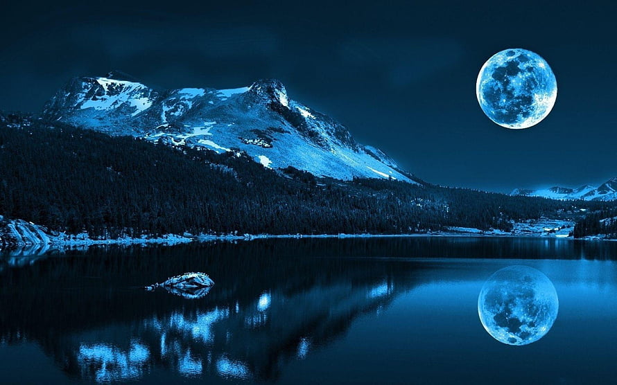Serene Night Landscape With Snowy Mountains And Full Moon Reflection On Lake HD wallpaper
