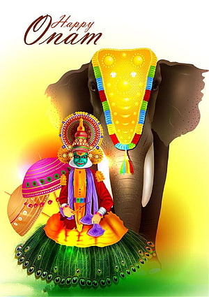 Onam Festival Greeting Card with Kerala Elephant and Kathakali Performer HD phone wallpaper