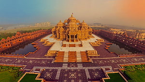 Aerial View of Akshardham Temple Complex in India at Golden Hour HD wallpaper