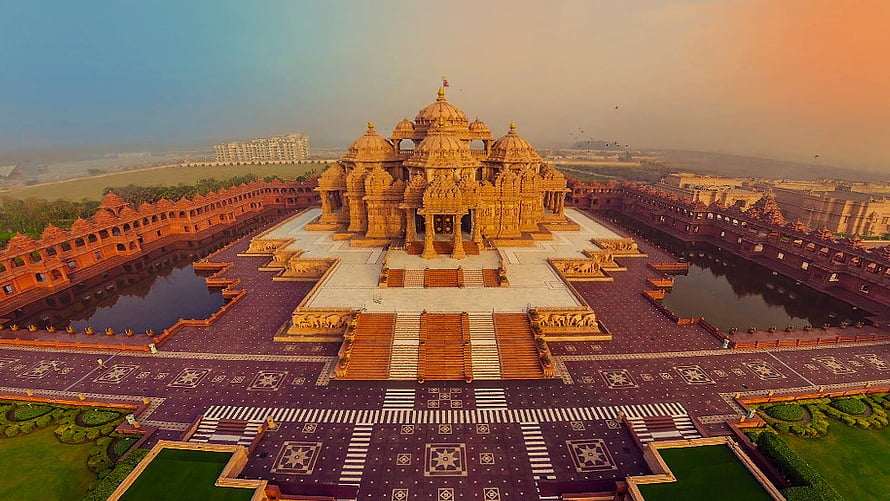 Aerial View of Akshardham Temple Complex in India at Golden Hour HD wallpaper