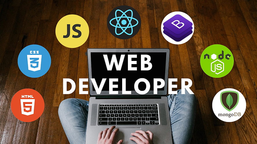 Web Developer Coding on Laptop with HTML CSS JavaScript React Node MongoDB Icons HD wallpaper