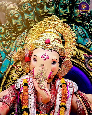 Chintamani Ganpati Murti with Golden Crown and Marigold Garlands HD phone wallpaper