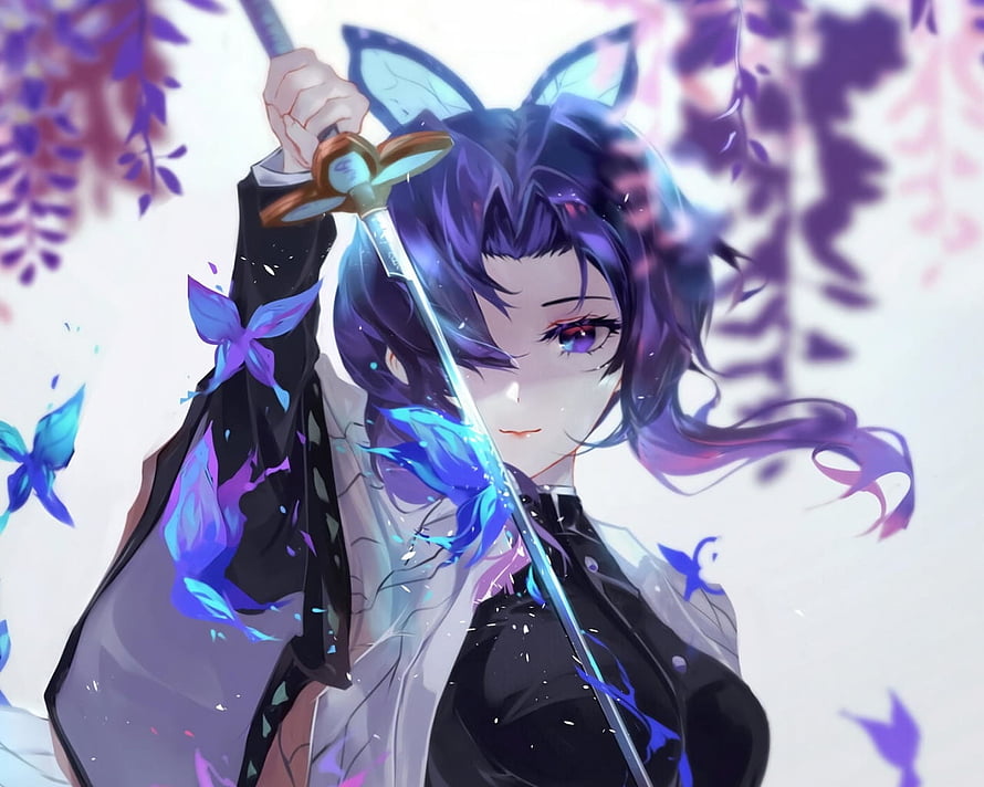 Shinobu Kocho Demon Slayer Anime Illustration with Butterfly Sword HD wallpaper