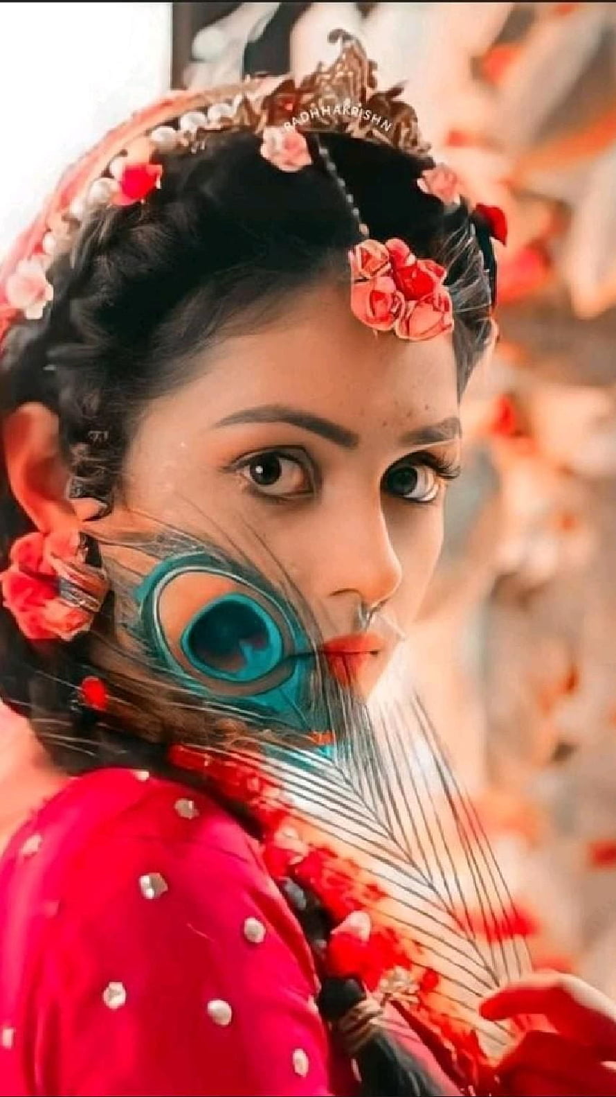 Woman in traditional red attire holding a peacock feather near her face with floral hair accessories, cute radha Cute mallika Singh❤️❤️ HD phone wallpaper