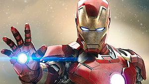Iron Man in Red and Gold Armor with Glowing Repulsor Hand and Arc Reactor, Iron Man U, minimal u iron man HD wallpaper