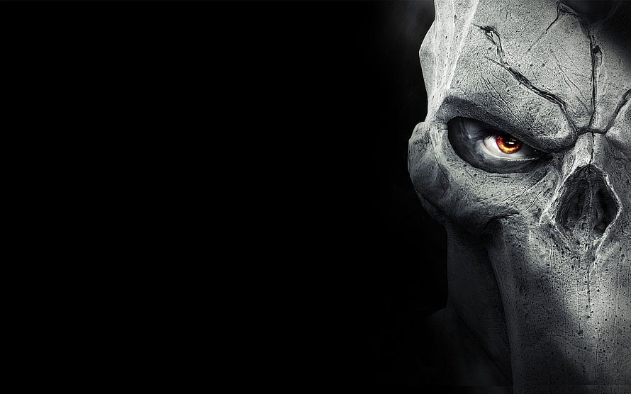 Dark Fantasy Stone Skull with Glowing Red Eye on Black Background HD wallpaper
