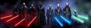 Star Wars Jedi and Sith lineup with lightsabers HD wallpaper