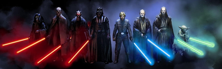 Star Wars Jedi and Sith lineup with lightsabers HD wallpaper