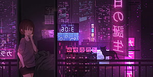 Anime Girl Smoking on Balcony Overlooking Neon Cyberpunk City at Night with Cat HD wallpaper