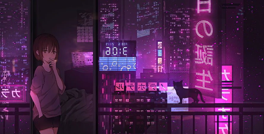 Anime Girl Smoking on Balcony Overlooking Neon Cyberpunk City at Night with Cat HD wallpaper