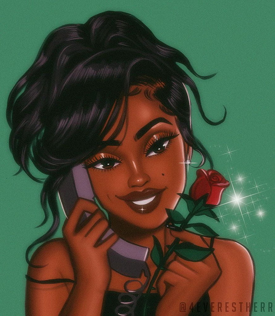 Digital illustration of a beautiful woman with dark skin holding a red rose and talking on a retro telephone against a green background, pretty black girl cartoon, #Black Girl Cartoon HD phone wallpaper