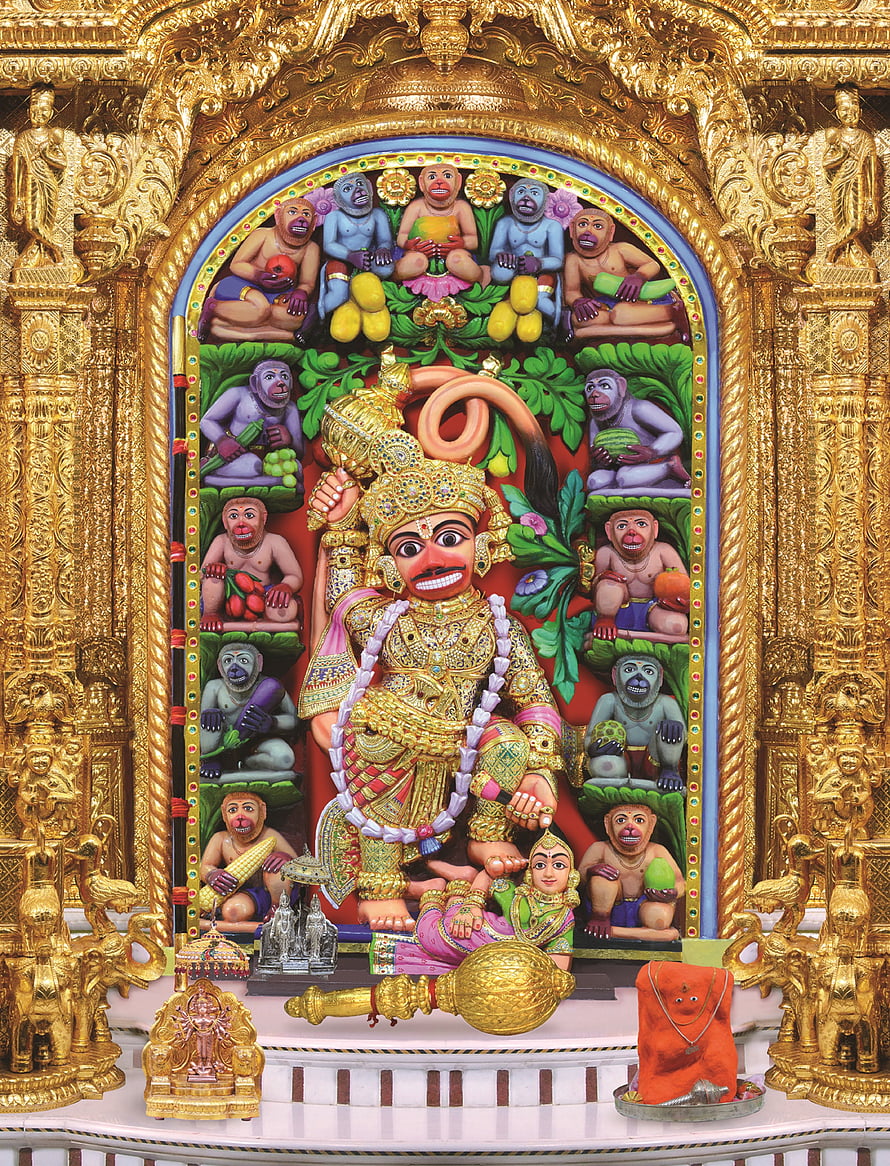 Vibrant Hanuman Statue Surrounded by Vanara Army in Golden Temple Shrine, Welcome to Kashtbhanjandev Temple, sarangpur HD phone wallpaper