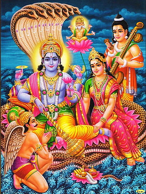 Lord Vishnu and Goddess Lakshmi Seated on Shesha Naga with Brahma and Saraswati HD phone wallpaper