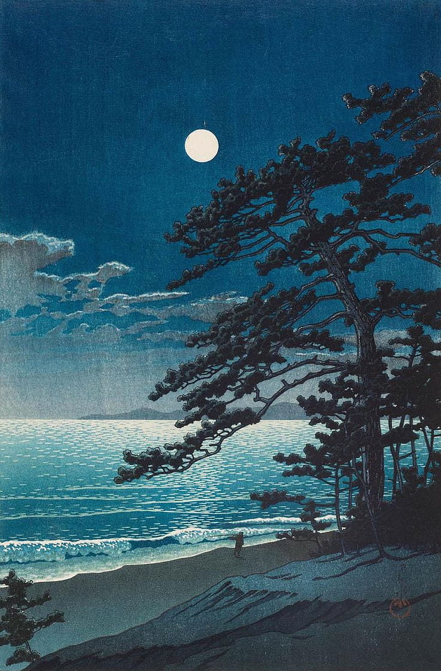 Kawase Hasui Spring Moon at Ninomiya Beach Japanese Woodblock Print HD phone wallpaper