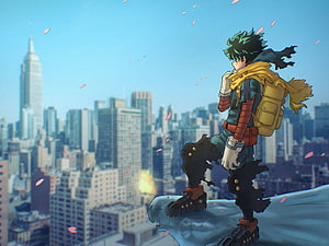 Izuku Midoriya from My Hero Academia standing on a rooftop overlooking a city skyline with falling petals HD wallpaper