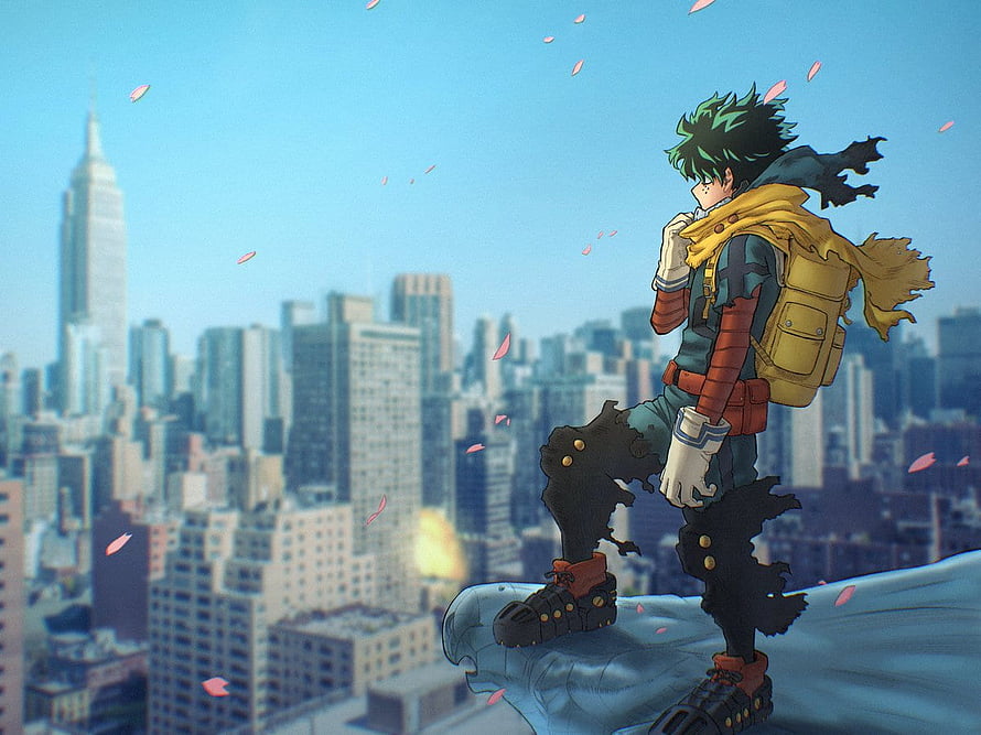 Izuku Midoriya from My Hero Academia standing on a rooftop overlooking a city skyline with falling petals HD wallpaper