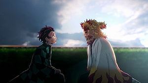 Tanjiro Kamado and Kyojuro Rengoku anime scene from Demon Slayer HD wallpaper