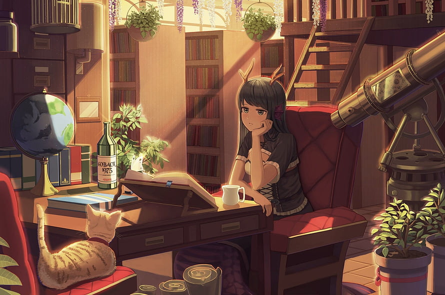 Anime Girl with Antlers Reading in a Cozy Sunlit Library with Cat and Telescope HD wallpaper