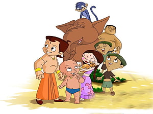 Chhota Bheem Animated Group Scene with Elephant and Monkey HD wallpaper