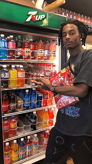 Playboi Carti Holding Froot Loops Box in Front of Soda Cooler HD phone wallpaper