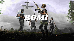 BGMI Squad of Four Armed Soldiers Standing in a Battlefield with Military Aircraft Overhead HD wallpaper