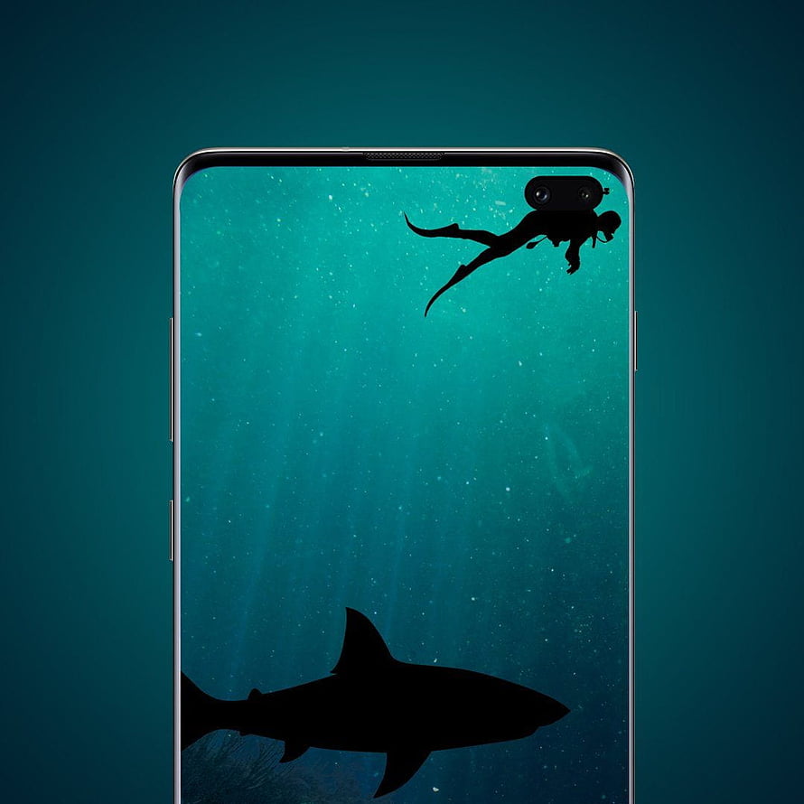 Samsung Galaxy S10 Plus Underwater Scuba Diver and Shark Silhouette Wallpaper HD phone wallpaper