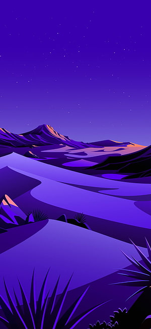 Purple Desert Night Landscape with Starry Sky and Cacti Illustration HD phone wallpaper
