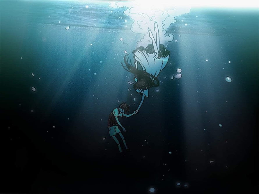 Omori Anime Illustration of Two Characters Reaching for Each Other in Deep Underwater Scene HD wallpaper